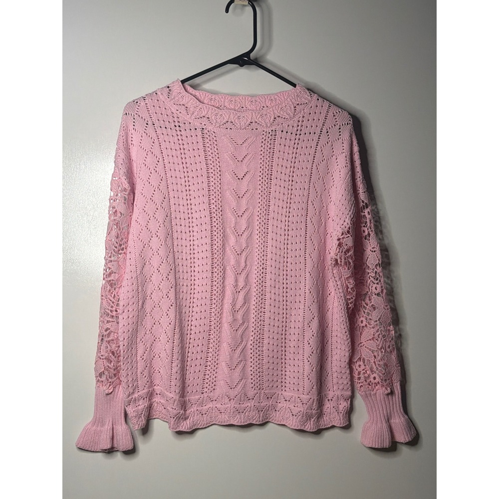 Pink Pointelle Knit Sweater Crochet Lace Long Sleeve Ruffle Cuff Size S